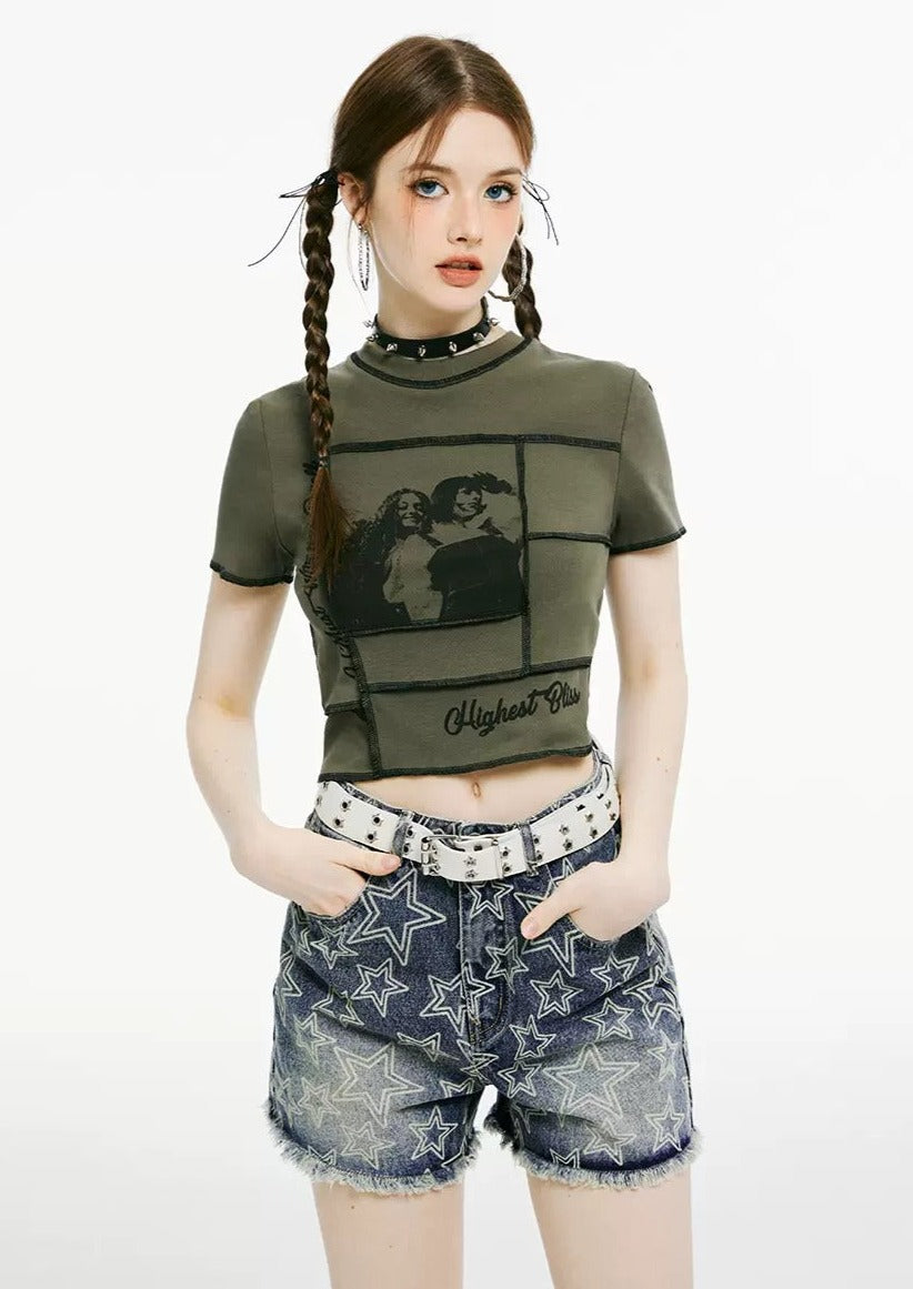 I'M ONE Military Retro Stitching Print T-shirt