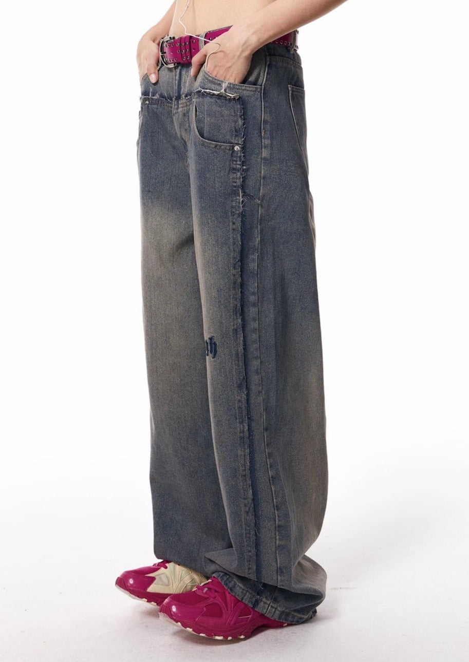 EZEK&STUDIO Old High Waist Loose Wide Denim Pants