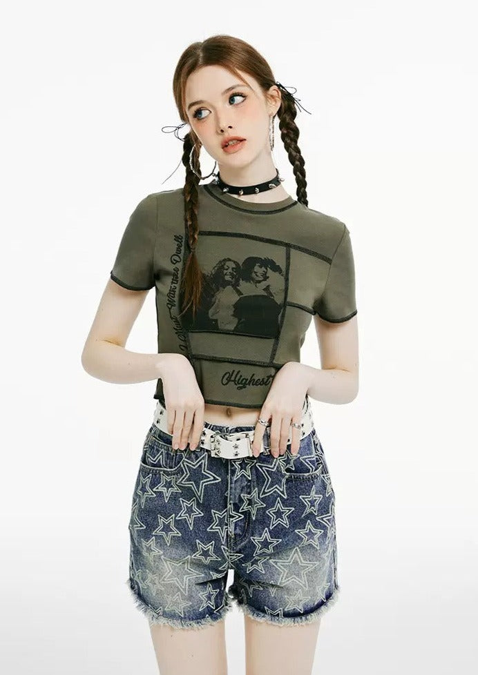 I'M ONE Military Retro Stitching Print T-shirt