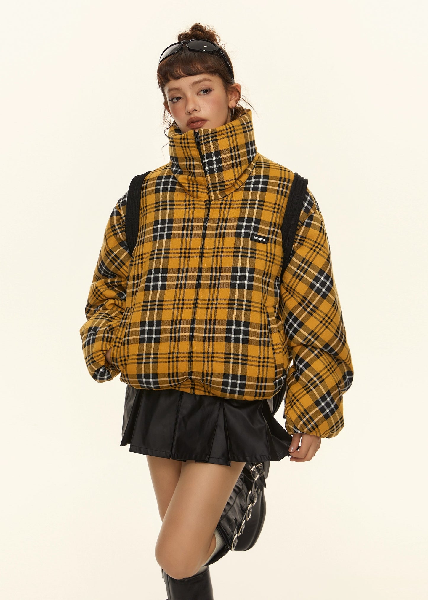 EZEK&STUDIO American Retro Yellow Plaid Stand Collar Cotton Jacket