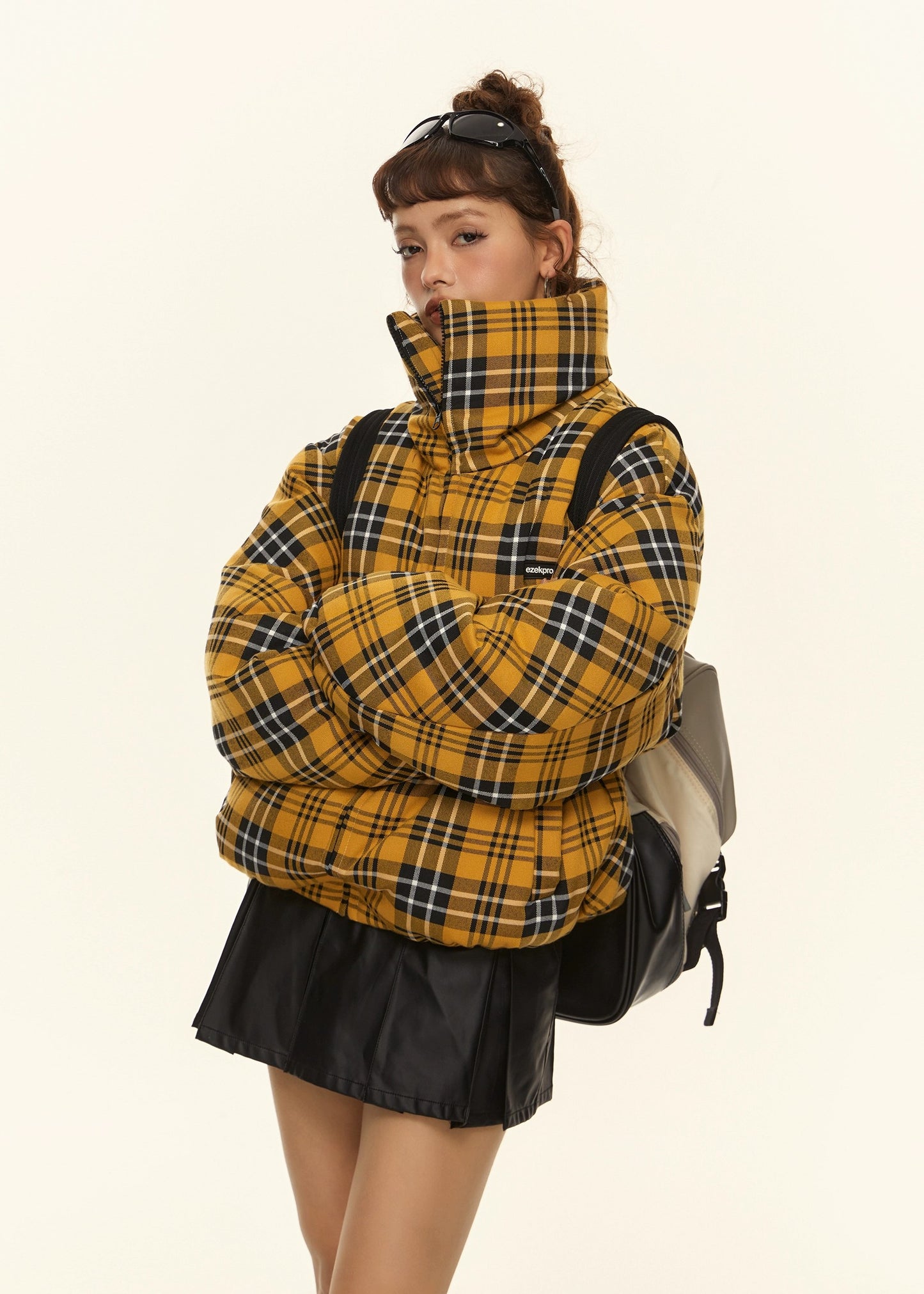 EZEK&STUDIO American Retro Yellow Plaid Stand Collar Cotton Jacket