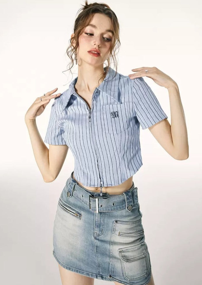 I'M ONE Blue Striped Lapel Shirt