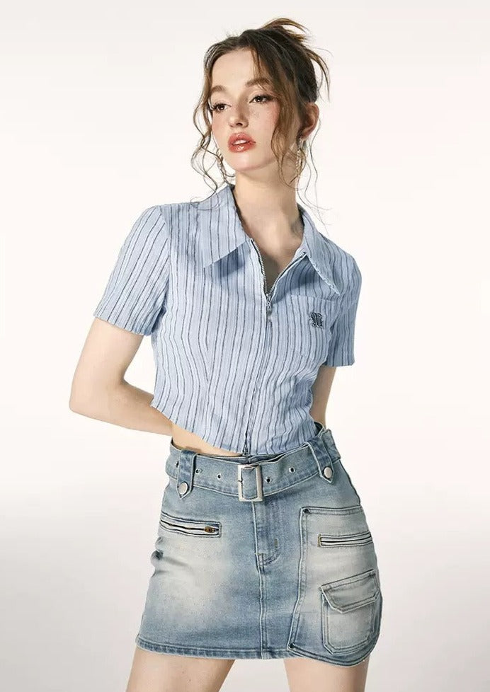 I'M ONE Blue Striped Lapel Shirt