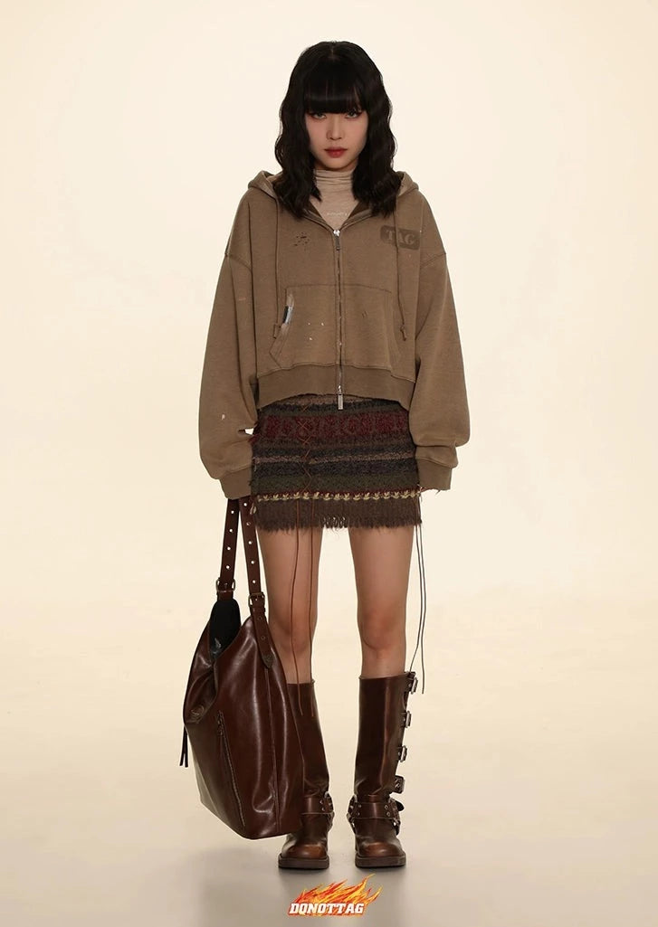 DONOTTAG American casual TAG double zipper hooded short sweatshirt