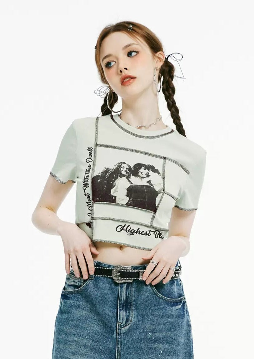 I'M ONE Military Retro Stitching Print T-shirt