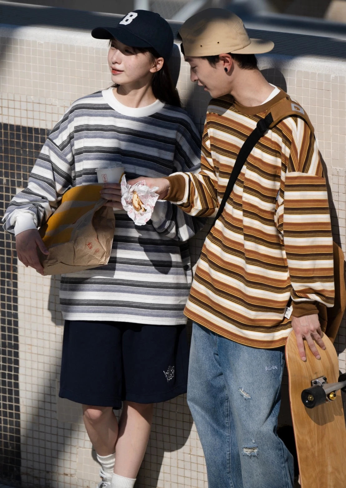 BELLKENIDE Seersucker Striped Long-Sleeved T-shirt