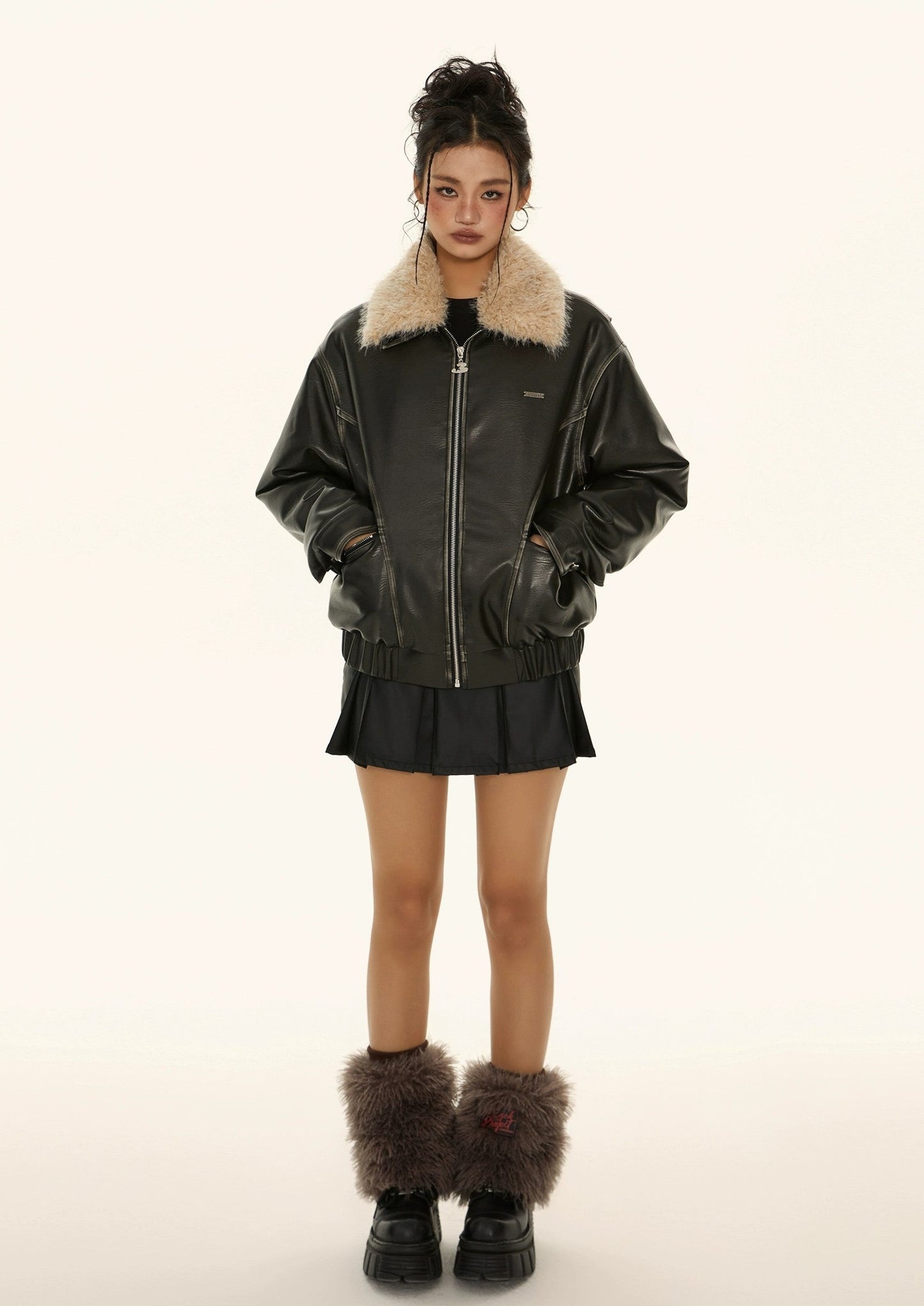 EZEK&STUDIO American retro fur lapels black leather jacket