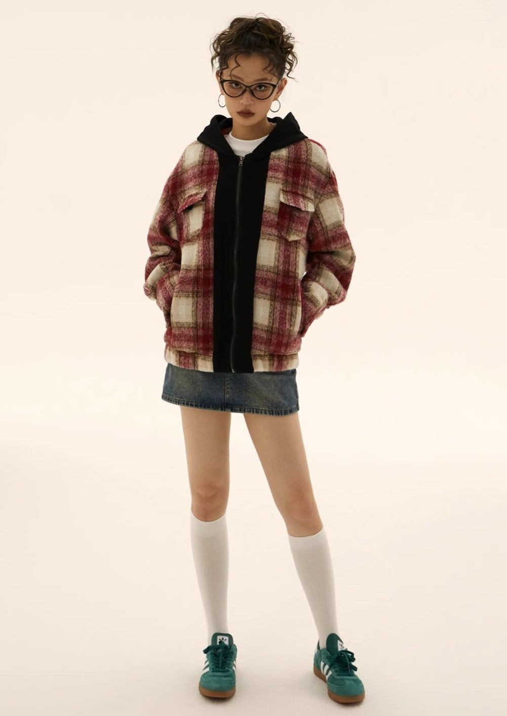 EZEK&STUDIO Plaid Splicing Hooded Jacket