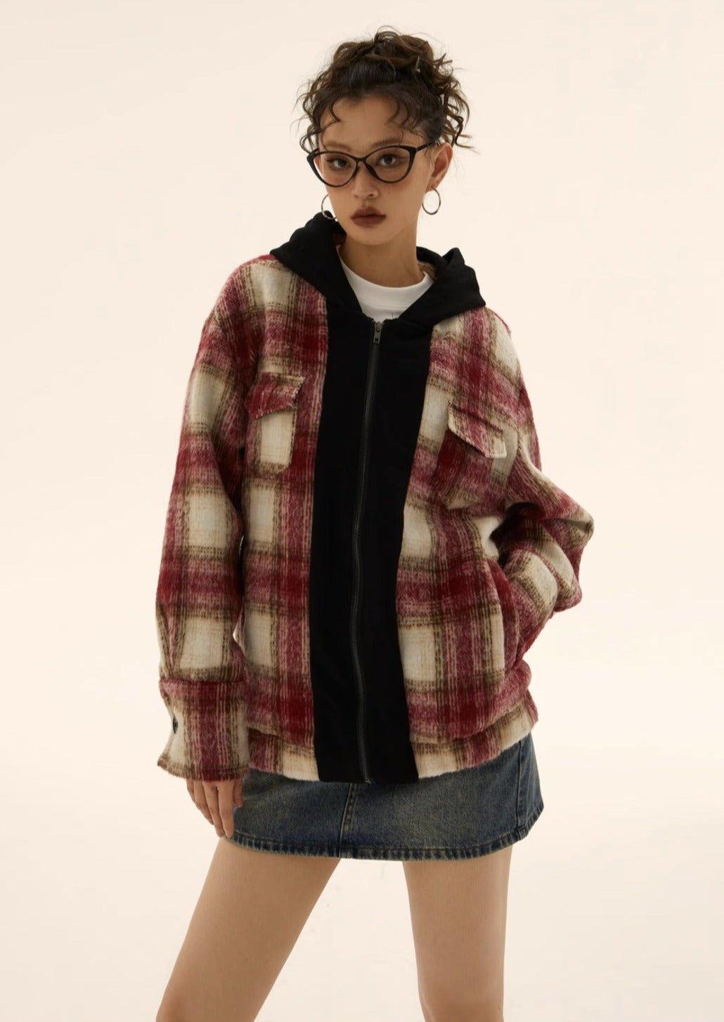 EZEK&STUDIO Plaid Splicing Hooded Jacket