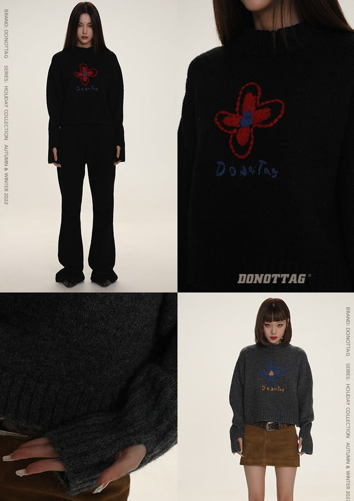 DONOTTAG Flower Embroidered Cropped Sweater