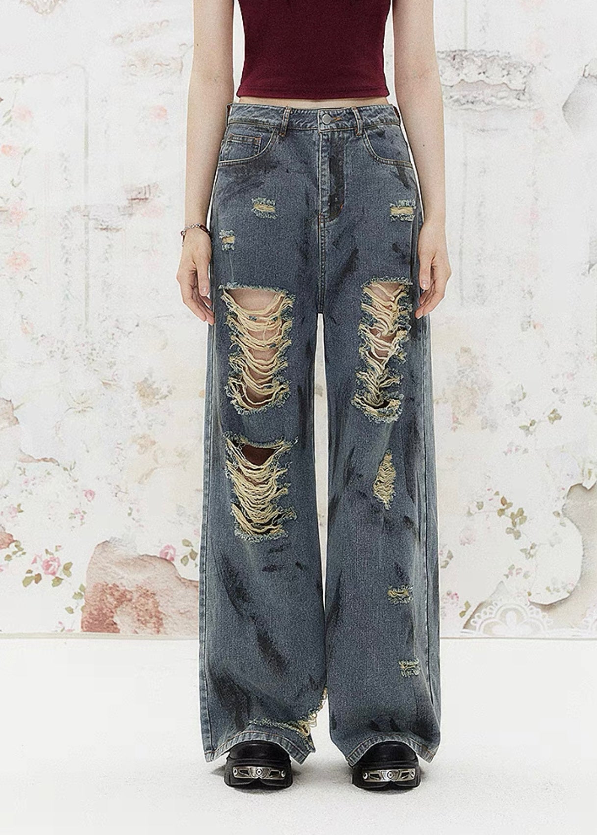 I'M ONE Retro wash hole splash ink print jeans
