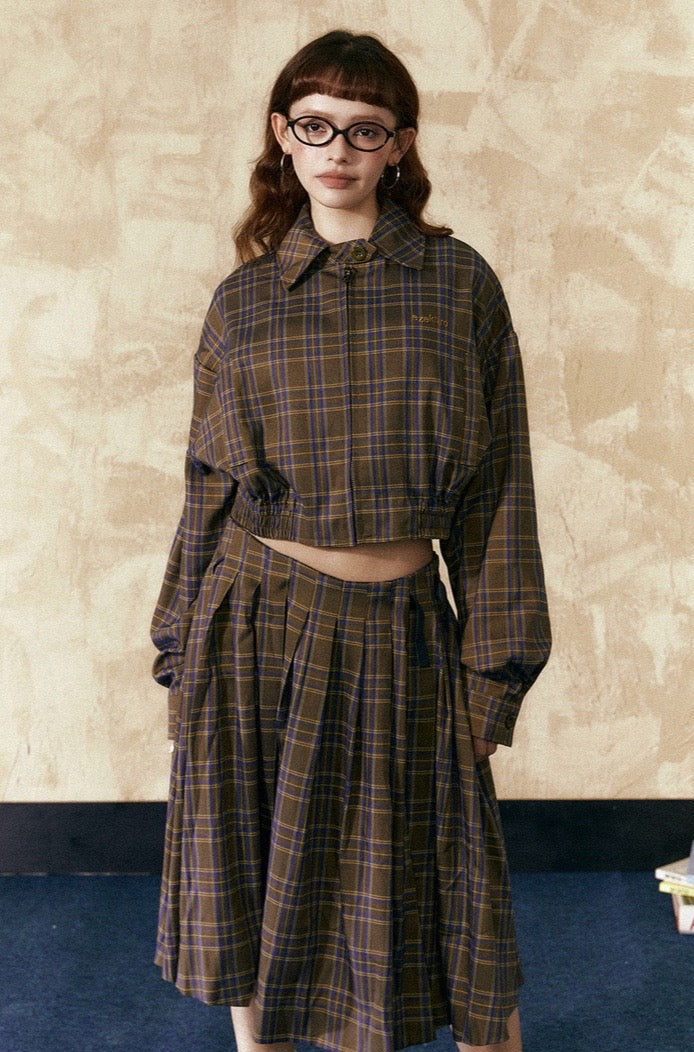 EZEK&STUDIO Retro PlaidShort Zipper jacket