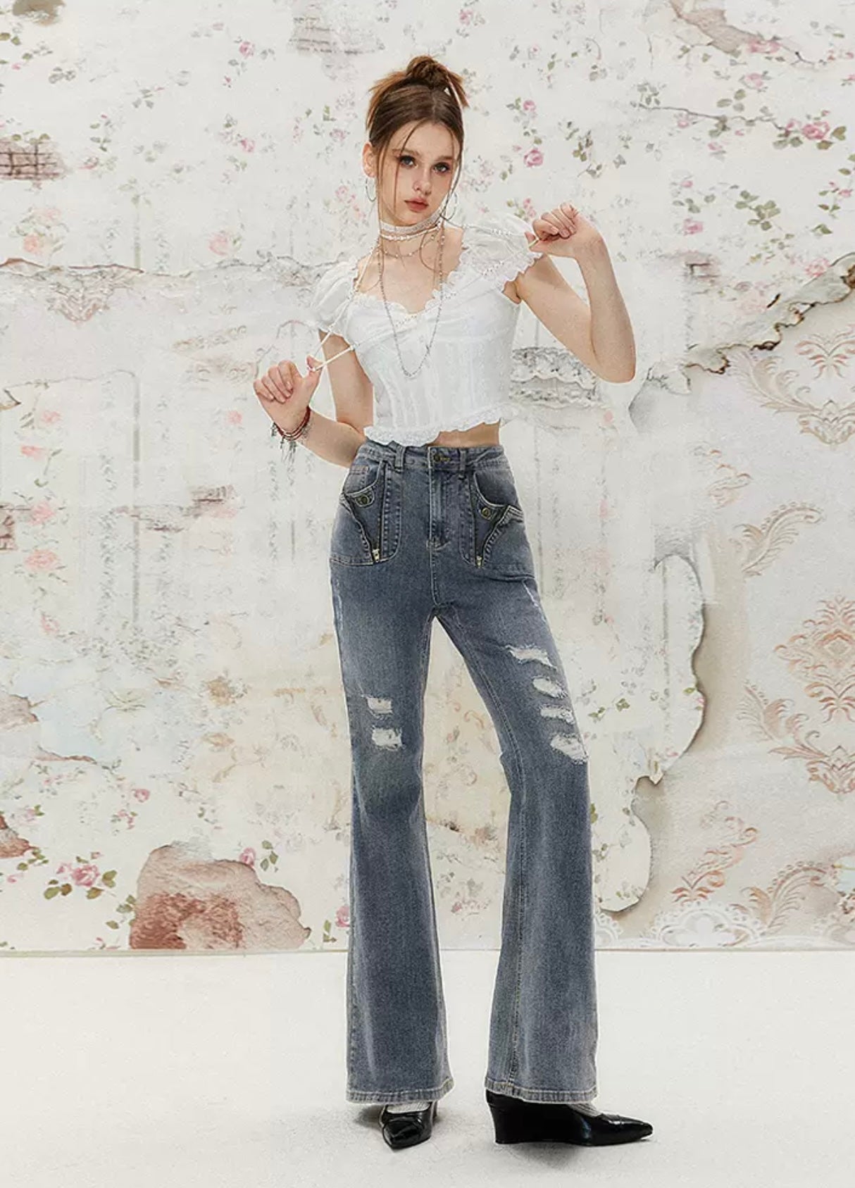 I'M ONE Retro distressed mild dragging jeans