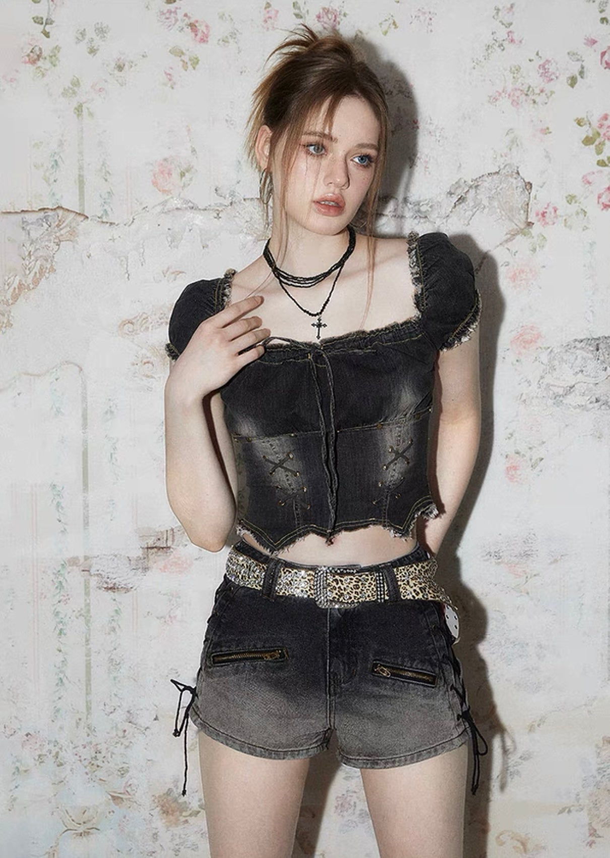 I'M ONE Sweet Cool Puff Sleeve Cross Strap Denim Top