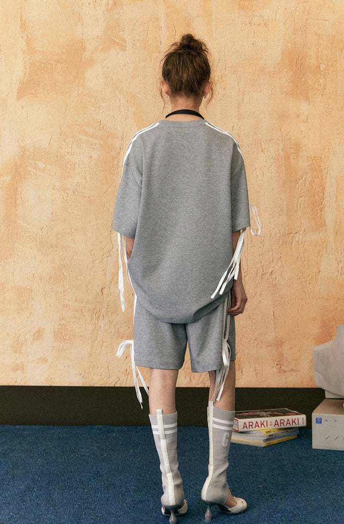 EZEK&STUDIO Casual Sports Ribbon Short Sleeve T-shirt Striped Shorts