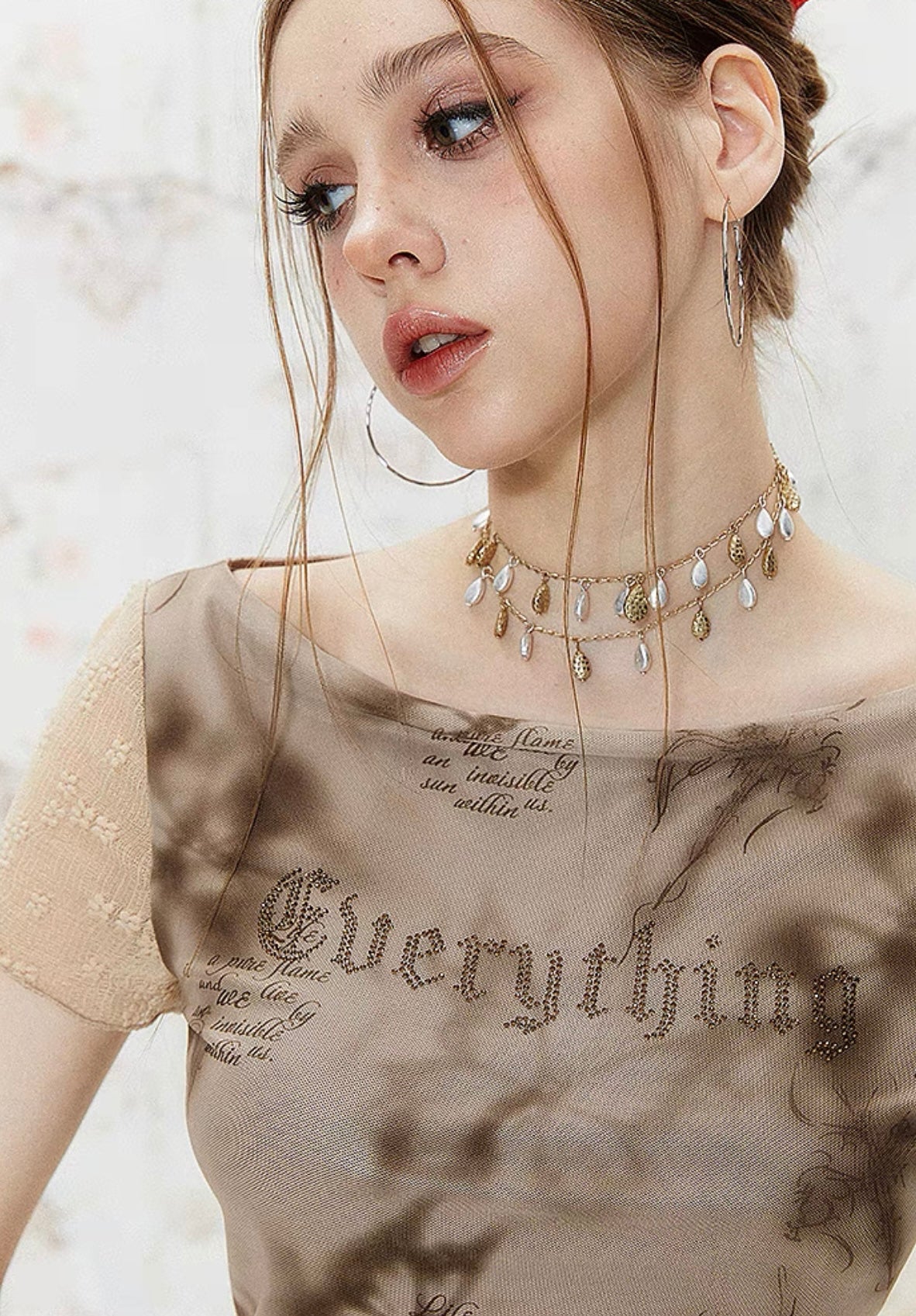 I'M ONE American retro lace splicing mesh faux two piece t-shirt