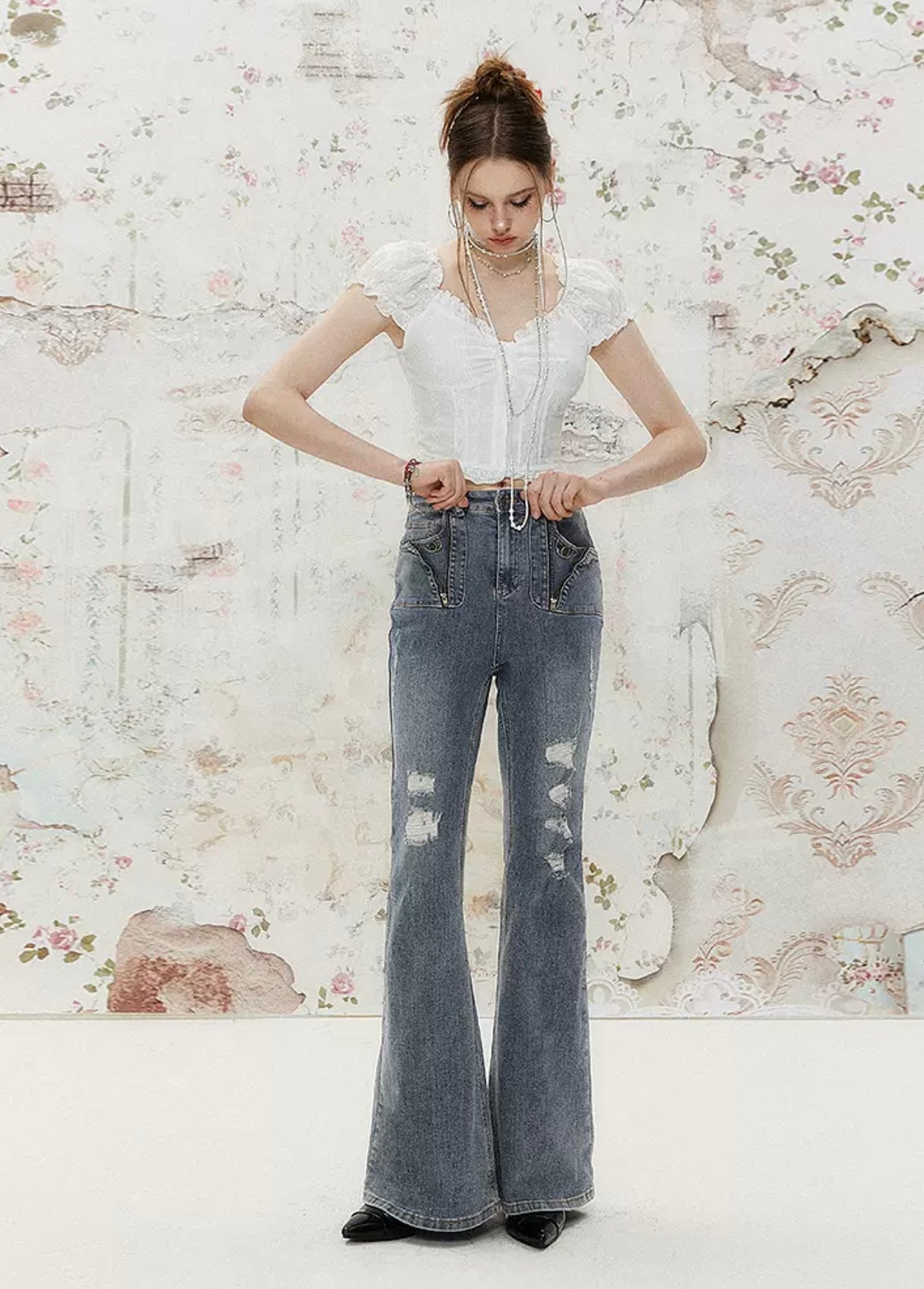 I'M ONE Retro distressed mild dragging jeans