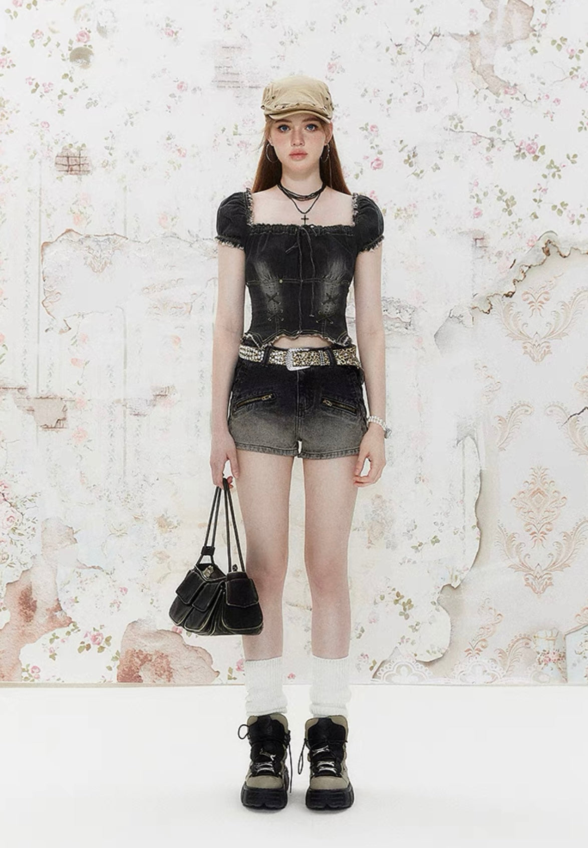 I'M ONE Sweet Cool Puff Sleeve Cross Strap Denim Top