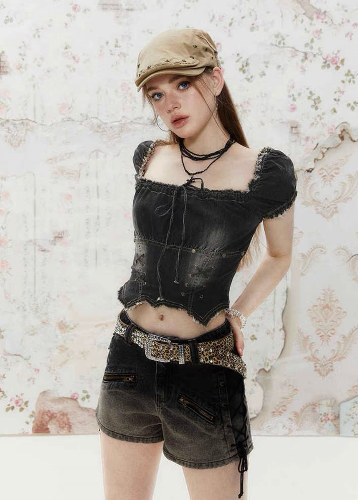 I'M ONE Sweet Cool Puff Sleeve Cross Strap Denim Top