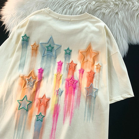 Konggeins American retro loose star print short sleeve T-shirt