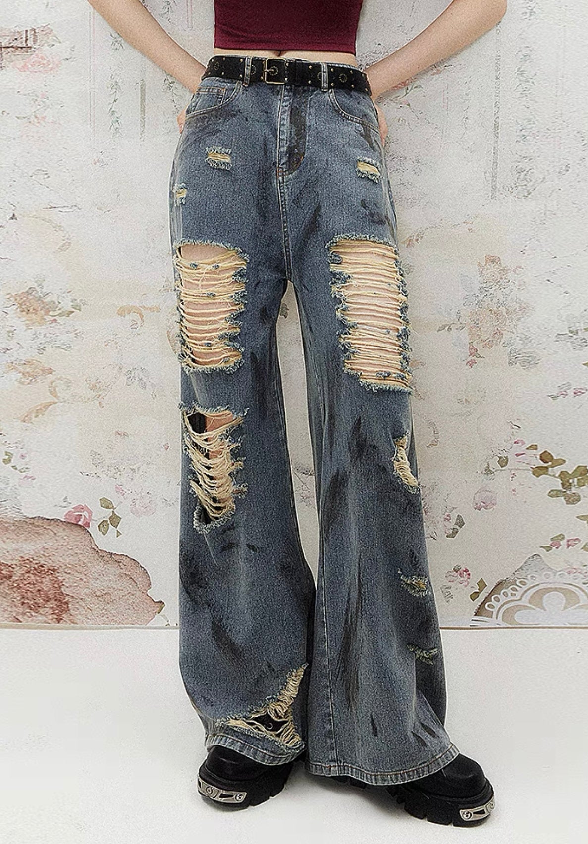 I'M ONE Retro wash hole splash ink print jeans