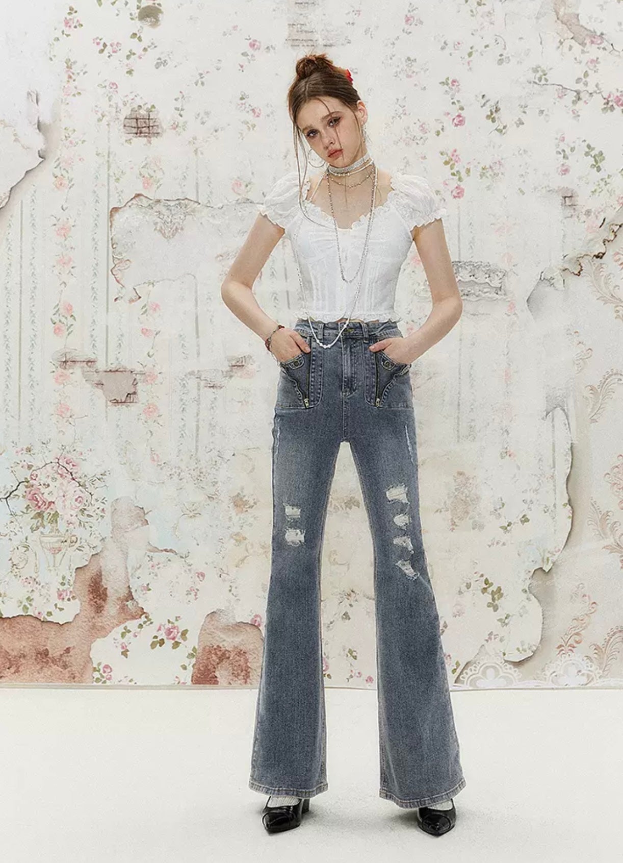 I'M ONE Retro distressed mild dragging jeans