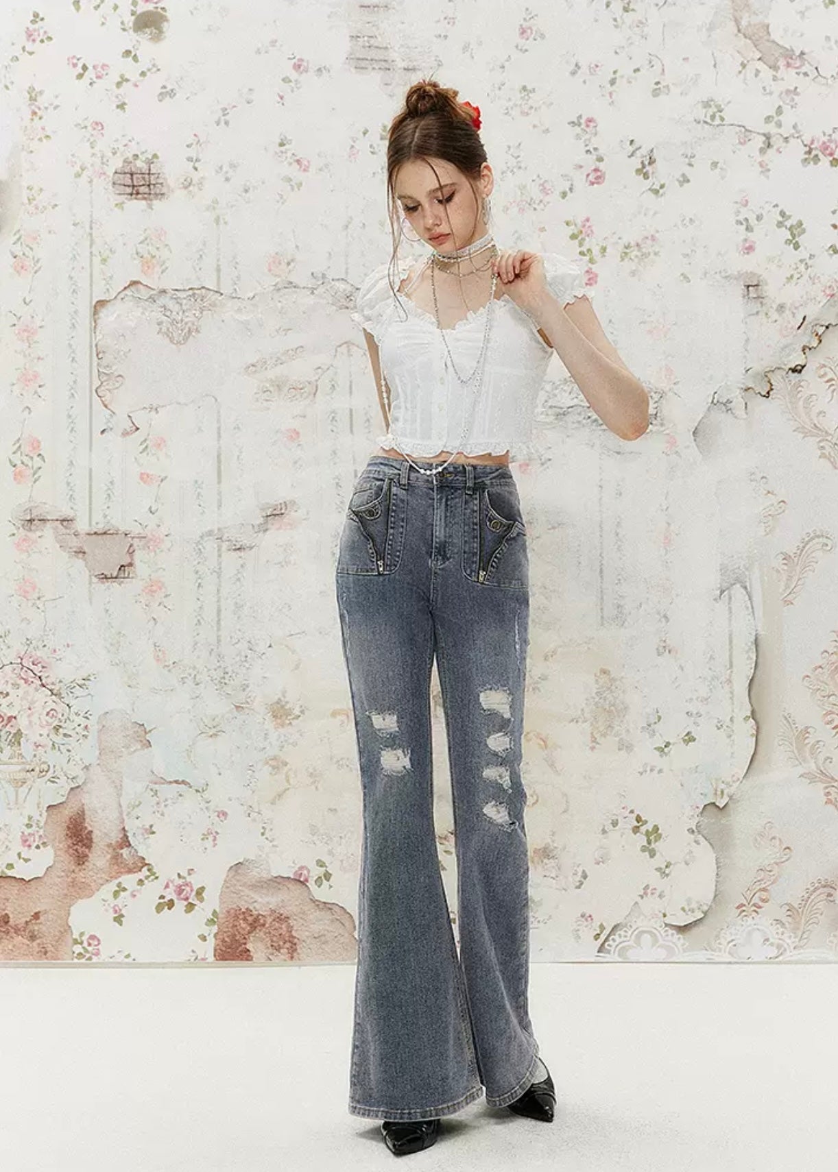 I'M ONE Retro distressed mild dragging jeans