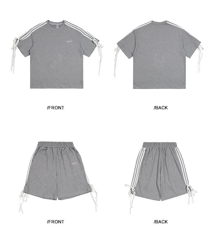 EZEK&STUDIO Casual Sports Ribbon Short Sleeve T-shirt Striped Shorts