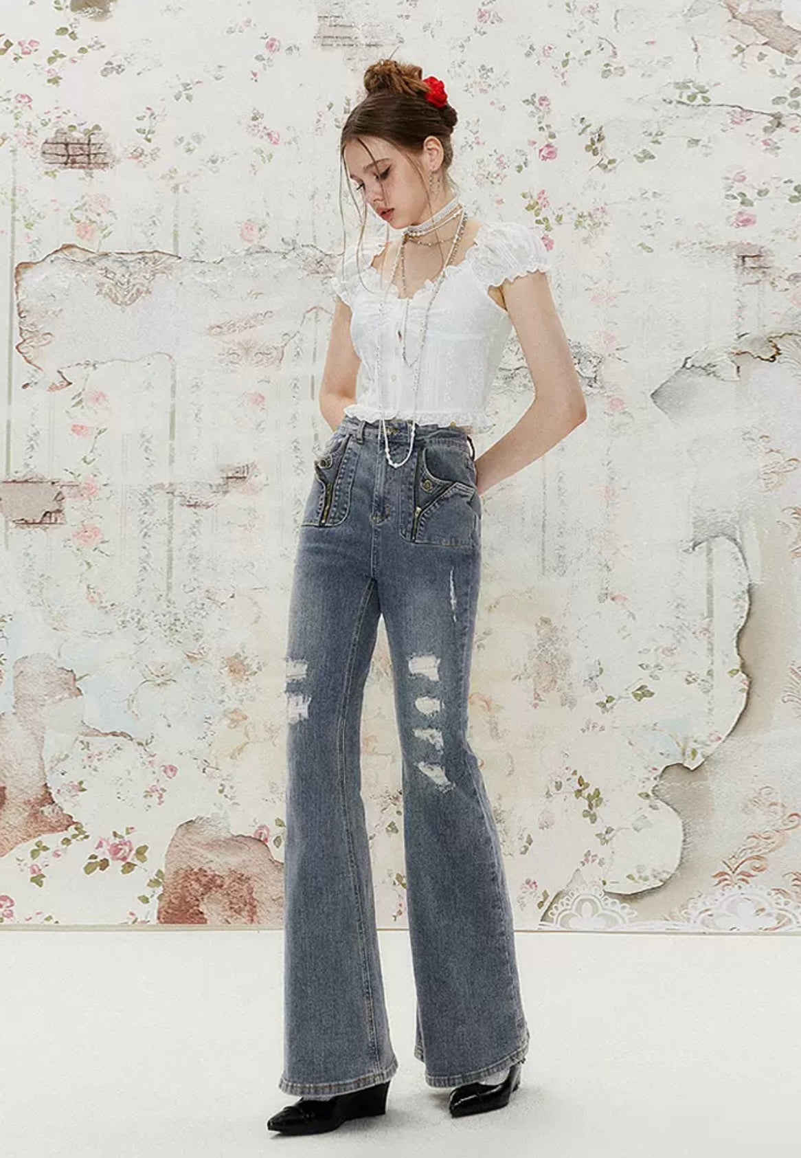 I'M ONE Retro distressed mild dragging jeans
