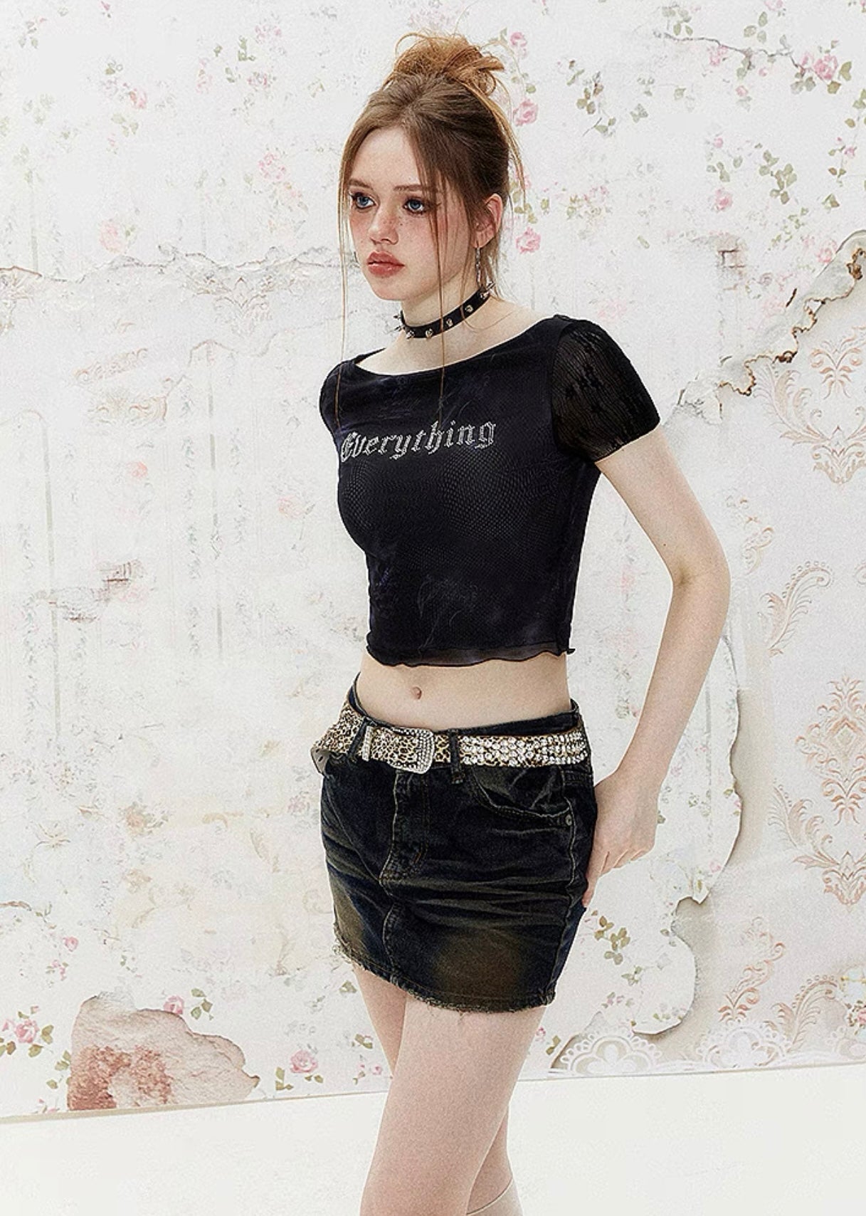 I'M ONE American retro lace splicing mesh faux two piece t-shirt
