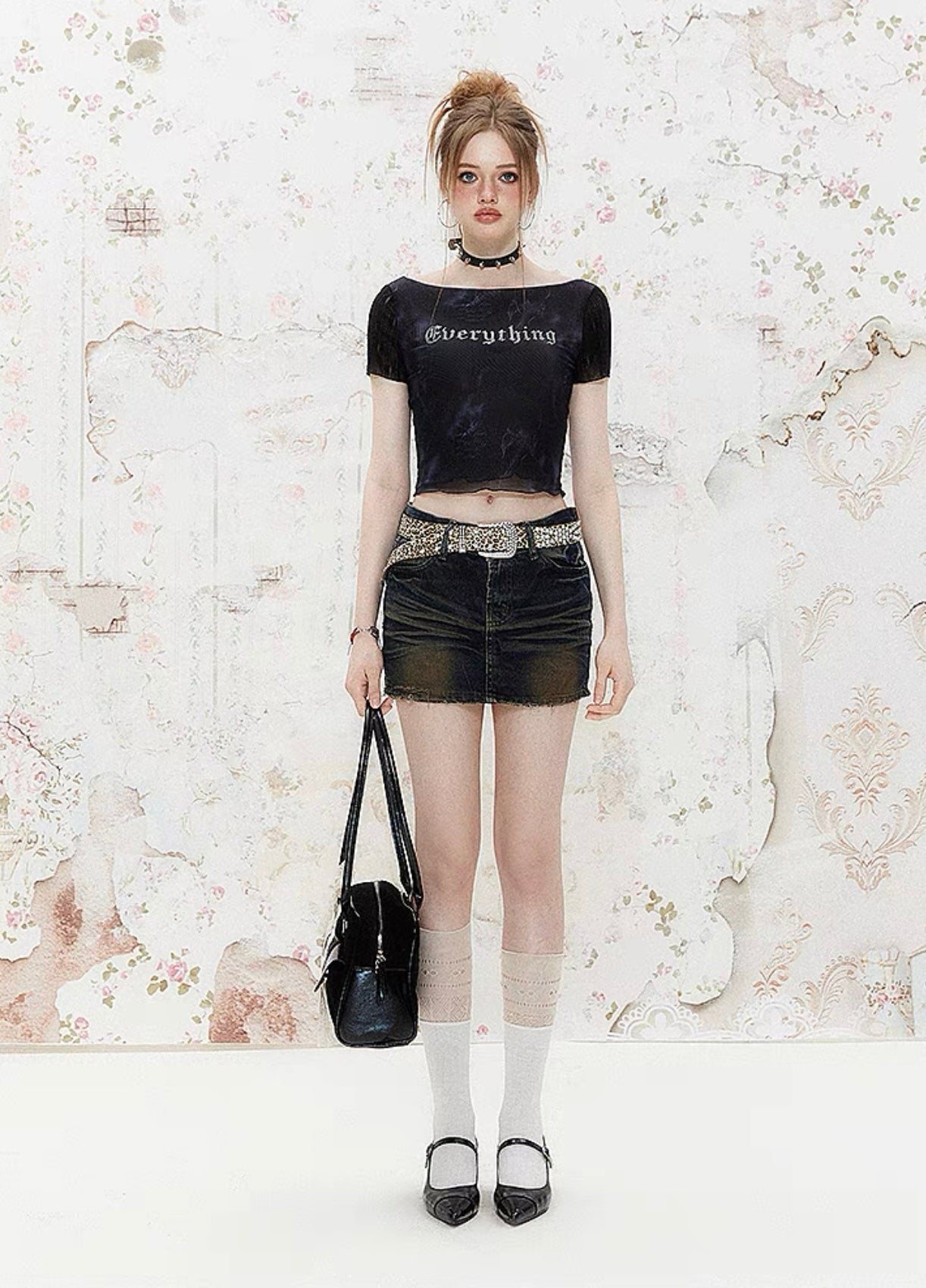 I'M ONE American retro lace splicing mesh faux two piece t-shirt