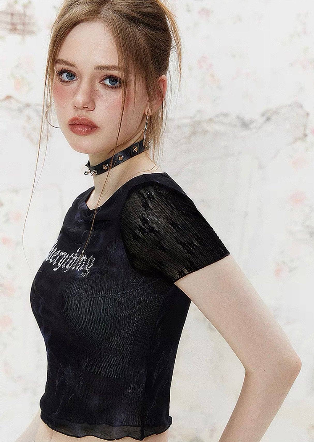 I'M ONE American retro lace splicing mesh faux two piece t-shirt