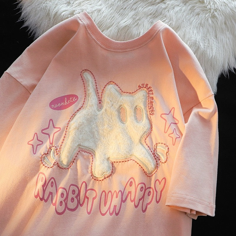 Konggeins Korean cat embroidery short sleeve T-shirt