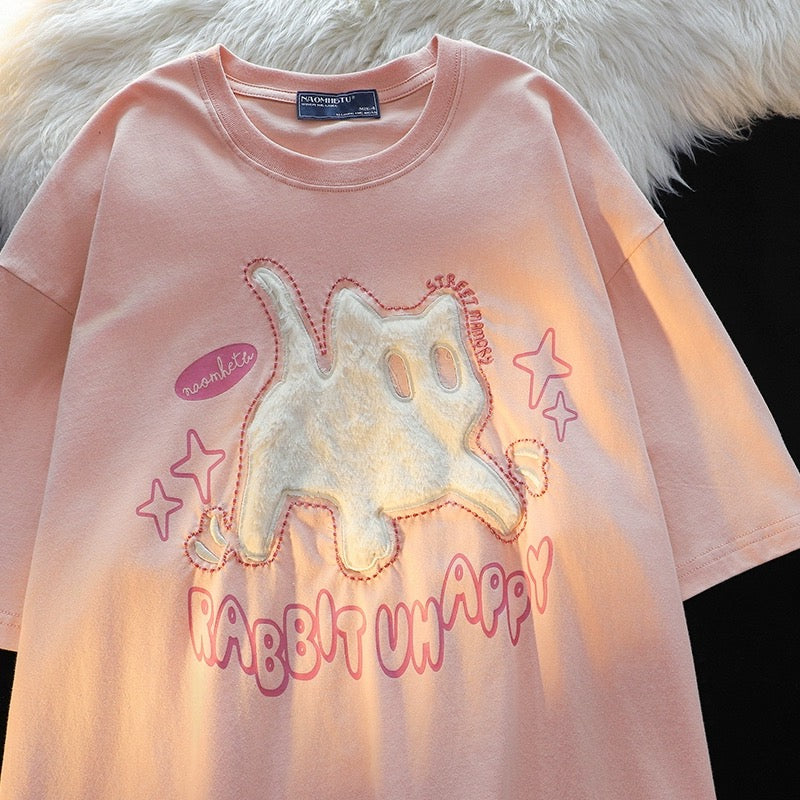 Konggeins Korean cat embroidery short sleeve T-shirt