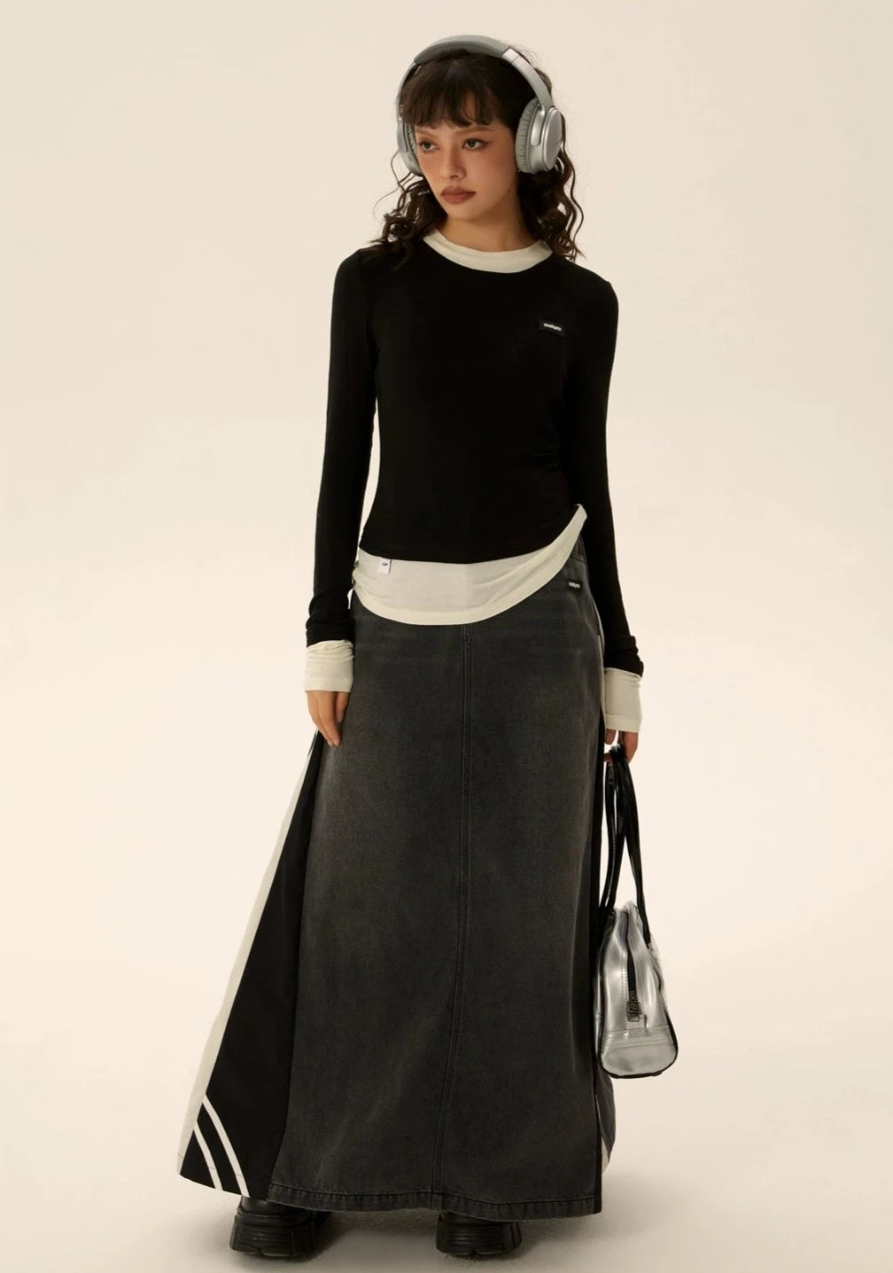 EZEK&STUDIO Splicing Denim Long Skirt