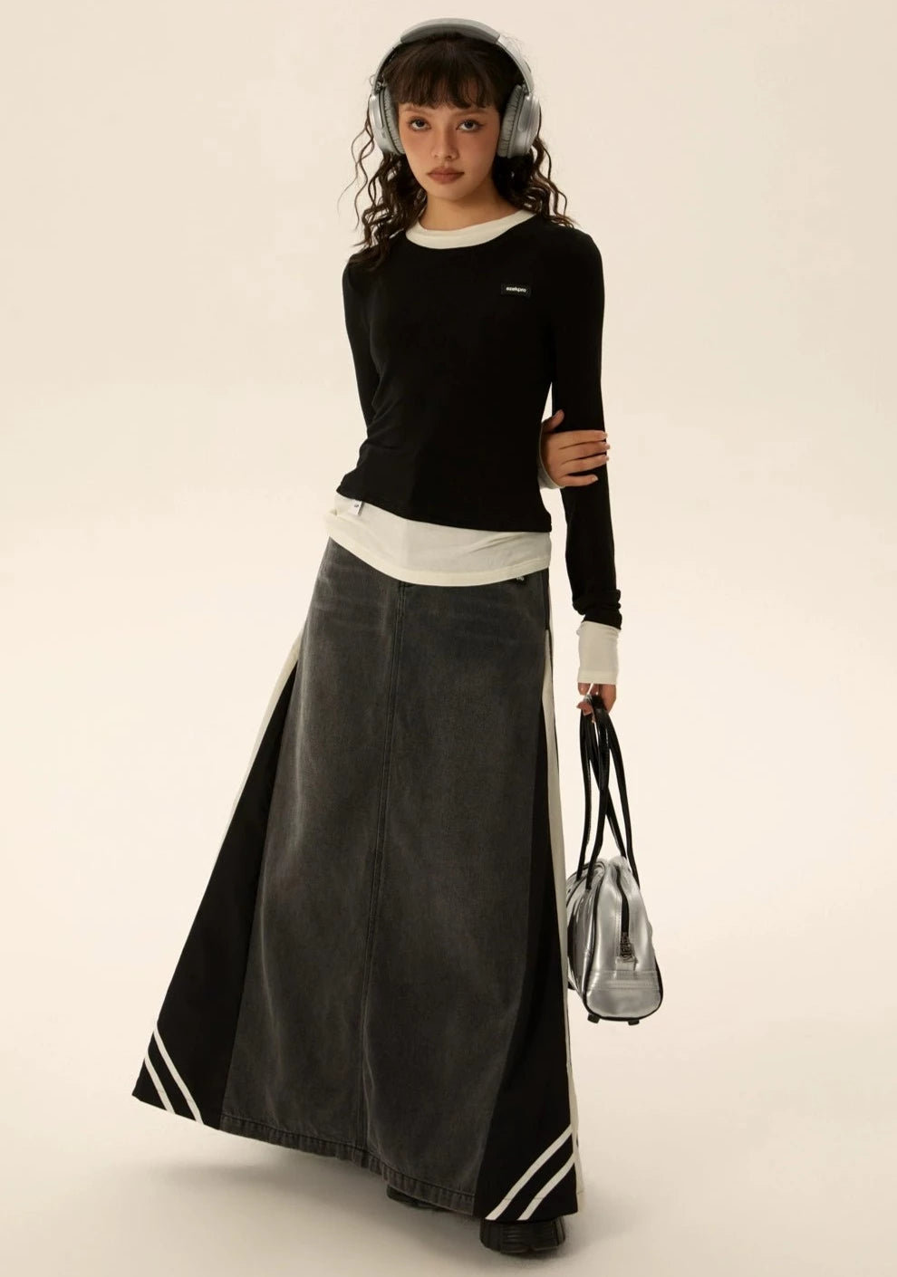 EZEK&STUDIO Splicing Denim Long Skirt