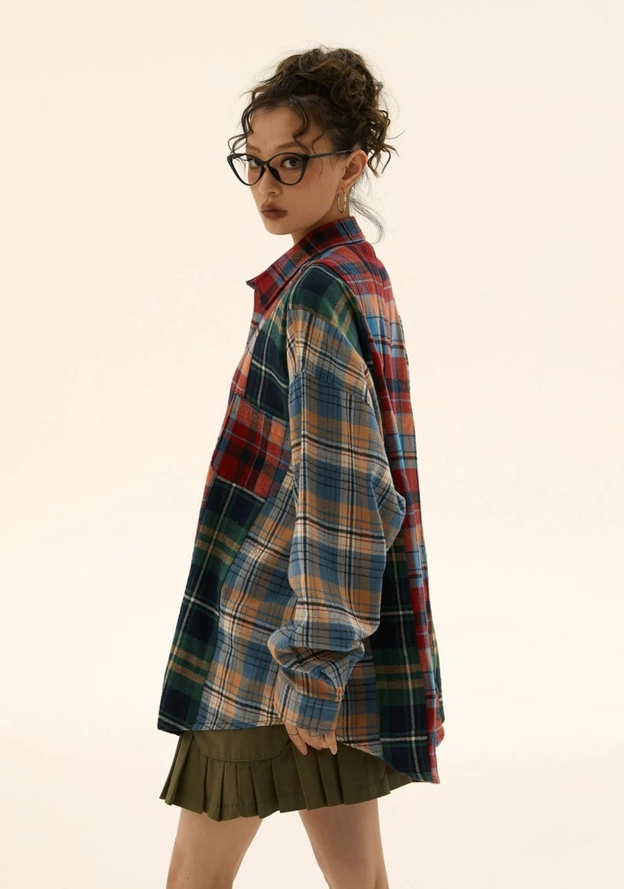 EZEK&STUDIO Dopamine Splicing Plaid Shirt