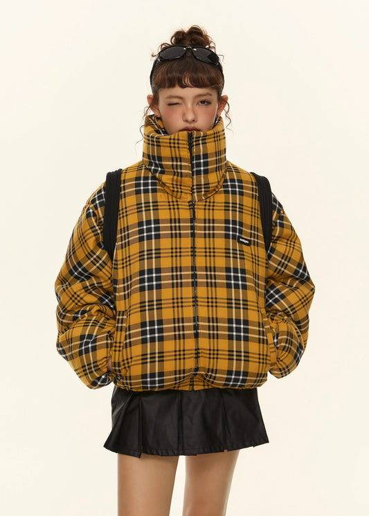 EZEK&STUDIO American Retro Yellow Plaid Stand Collar Cotton Jacket