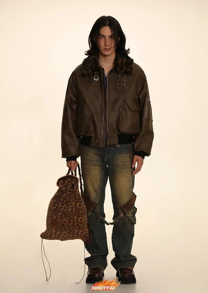 DONOTTAG stitching fur collar PU leather jacket