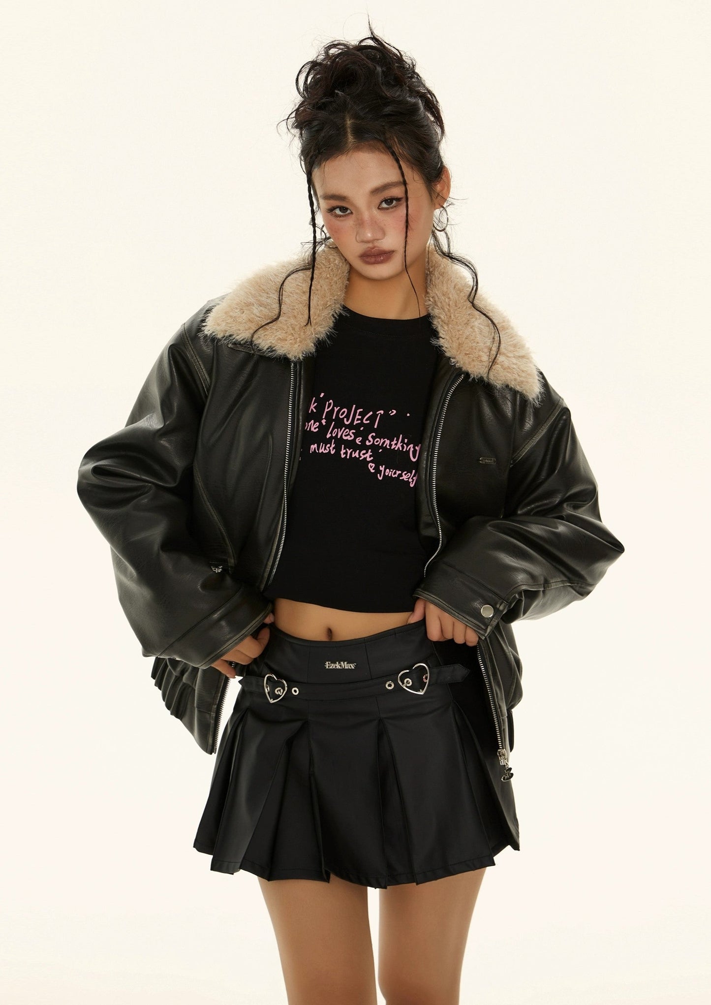 EZEK&STUDIO American retro fur lapels black leather jacket