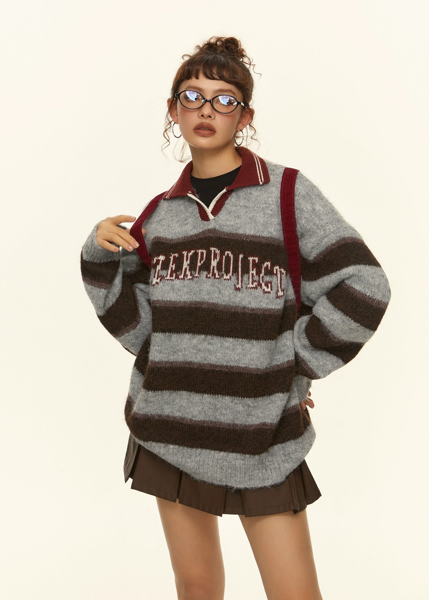 EZEK&STUDIO American Retro Lapel Striped Pullover Sweater