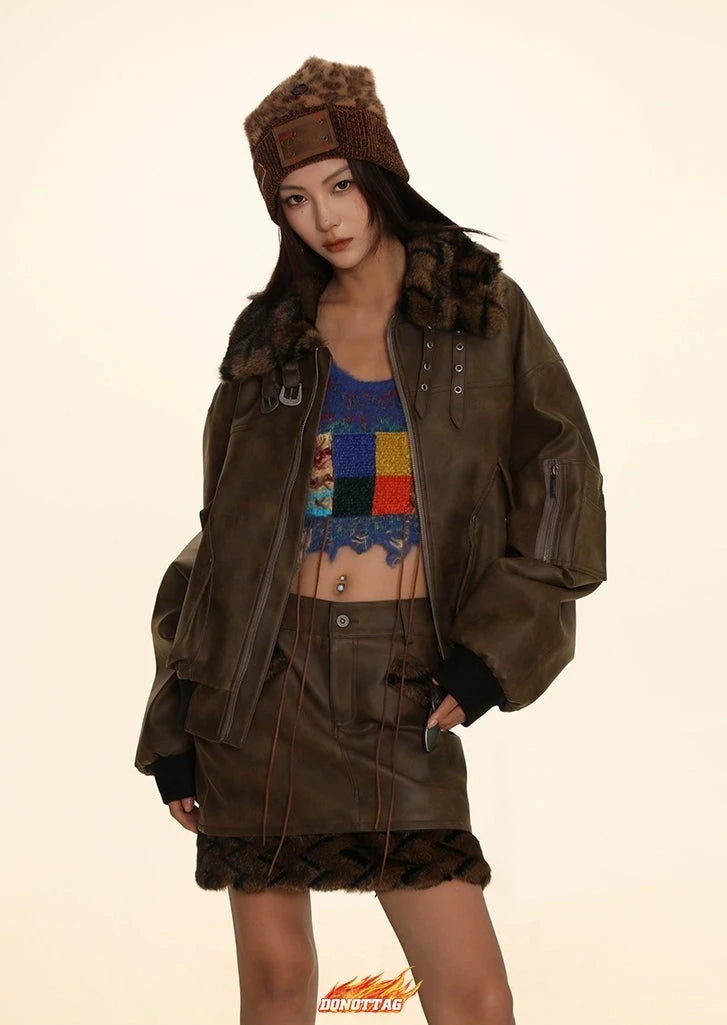 DONOTTAG stitching fur collar PU leather jacket