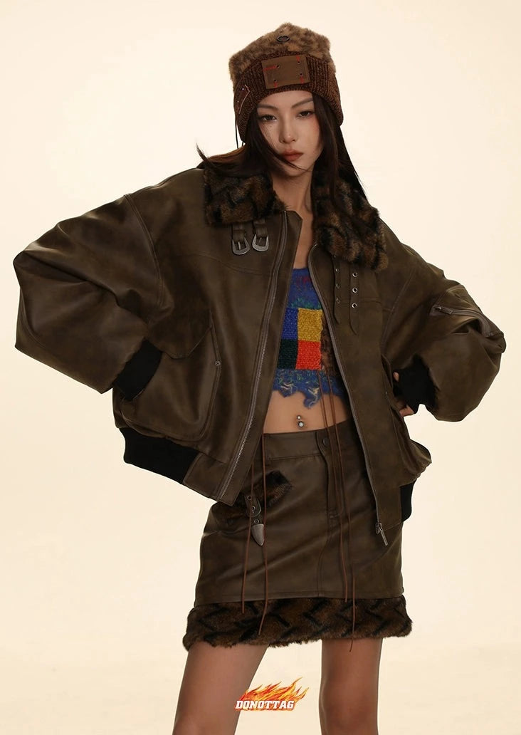 DONOTTAG stitching fur collar PU leather jacket