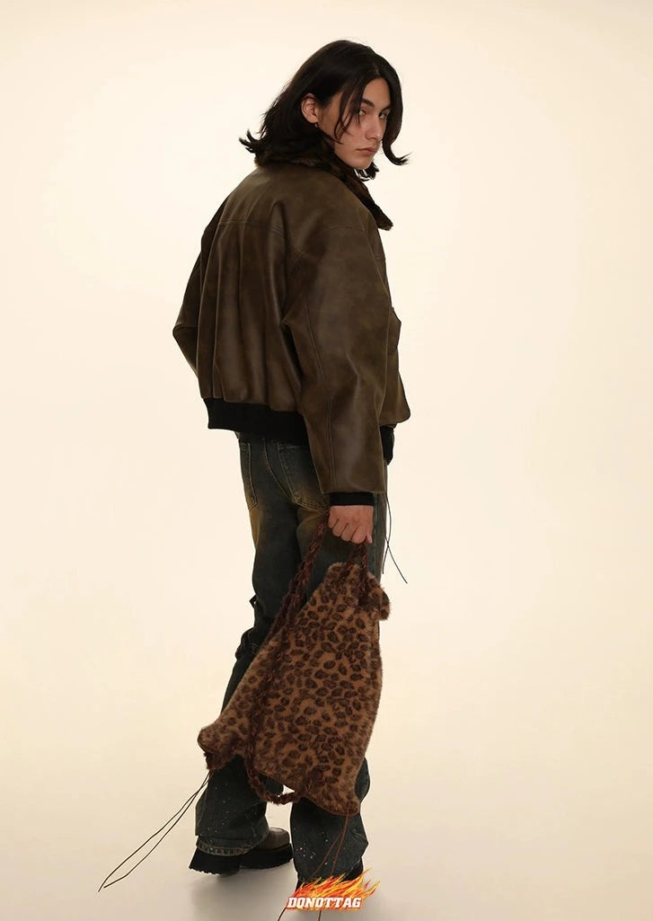 DONOTTAG stitching fur collar PU leather jacket