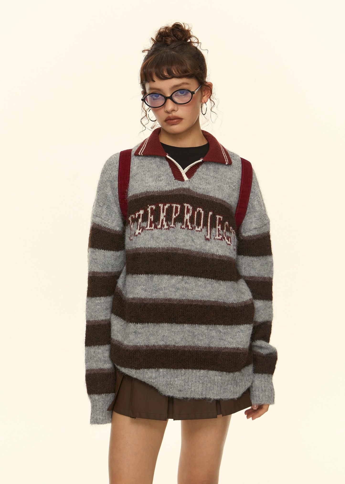 EZEK&STUDIO American Retro Lapel Striped Pullover Sweater